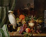 Famous Plums Paintings - A Cockatoo Grapes Figs Plums a Pineapple and a Peach